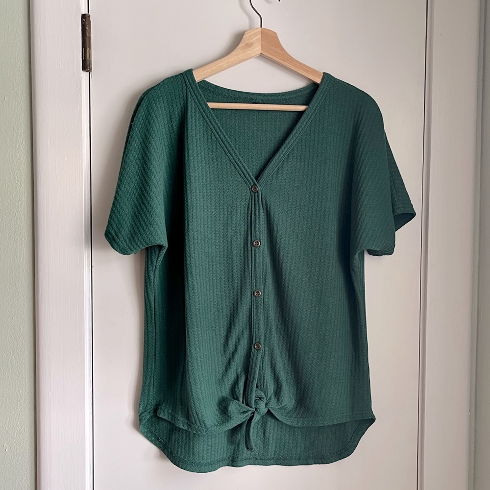 Iwollence Green Women’s Waffle Knit Tunic Blouse Tie Knot Henley Tops. Size L